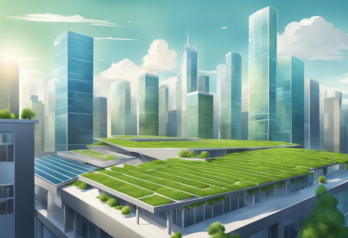 A modern city skyline with buildings featuring green roofs and solar panels, showcasing innovative technology in roofing