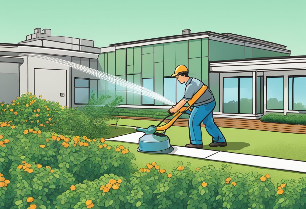 A person watering and inspecting plants on a green roof in Sugar Land, Texas. Tools for maintenance and care are nearby