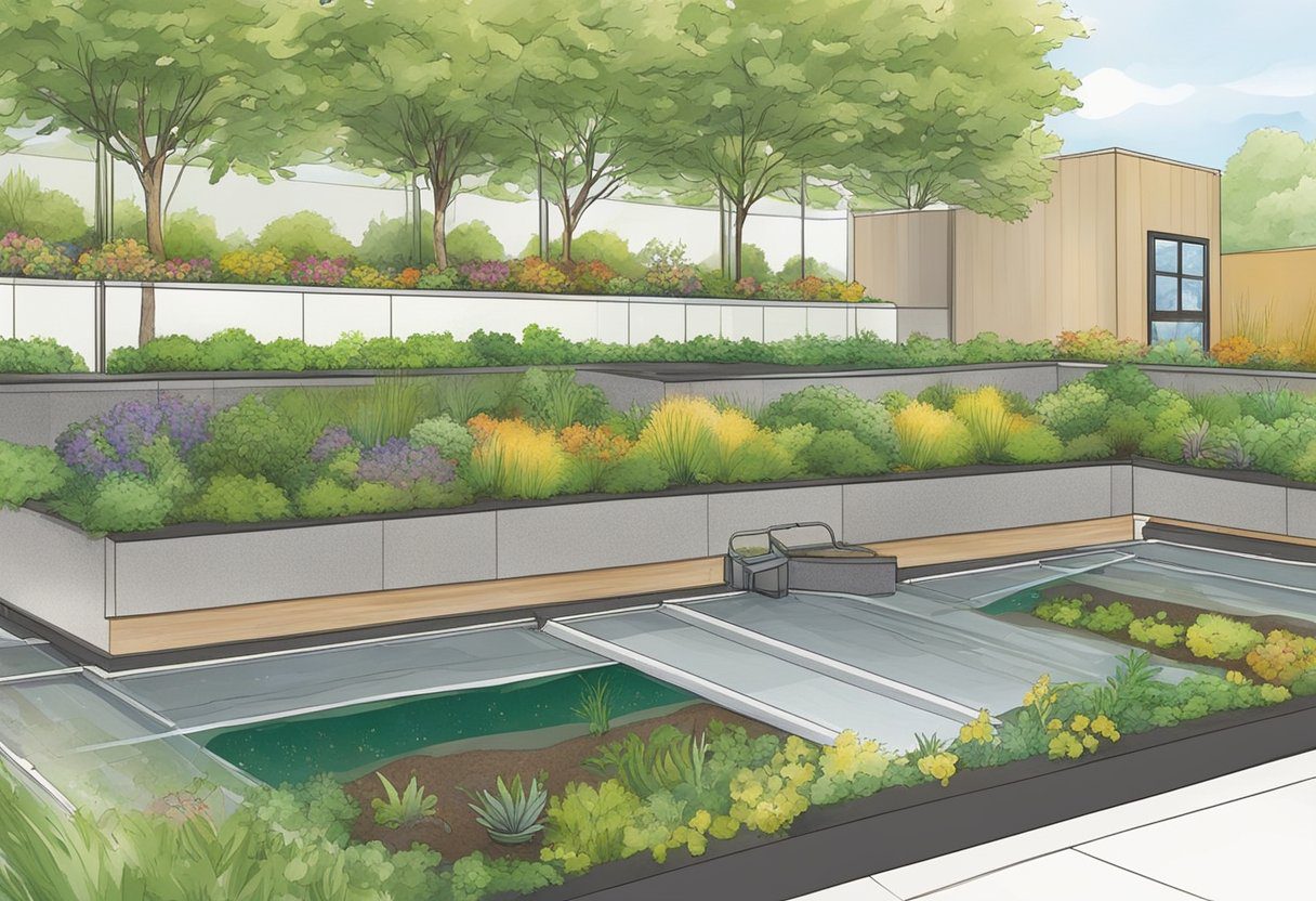 Workers lay down waterproof membrane, followed by a layer of root barrier and drainage mat. Then, soil and plants are carefully placed to create a lush, green roof