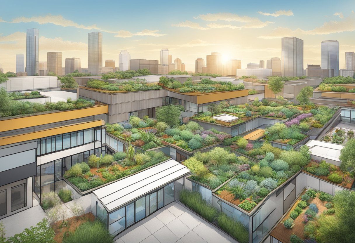 A rooftop covered in sustainable materials like plants and recycled materials, with a backdrop of the city of Sugar Land, TX