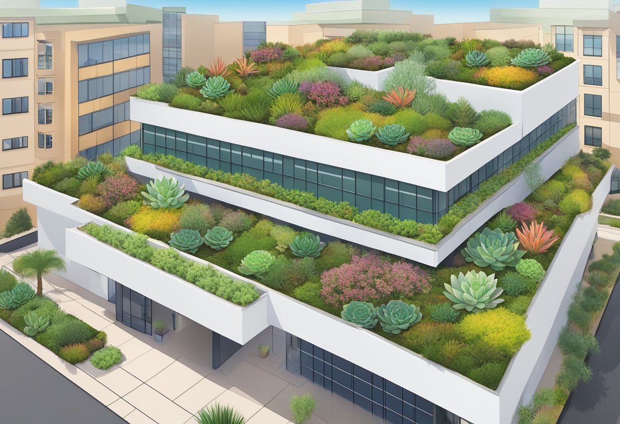 A green roof with plants and succulents covering the top of a building in Sugar Land, TX. The roof is designed to be environmentally friendly and energy-efficient