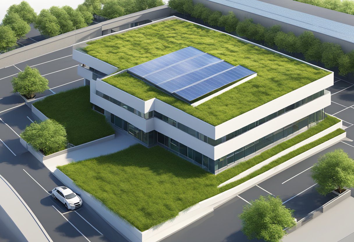 A lush green roof covers a modern building in Sugar Land, TX, providing insulation and reducing stormwater runoff