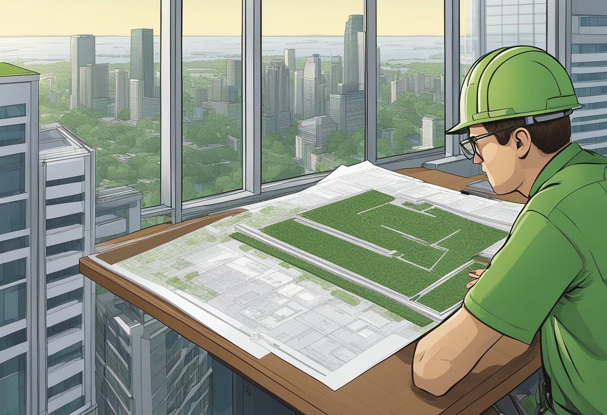 A city official reviews green roofing regulations. Blueprints and documents are spread out on a desk, with a city skyline visible through the window