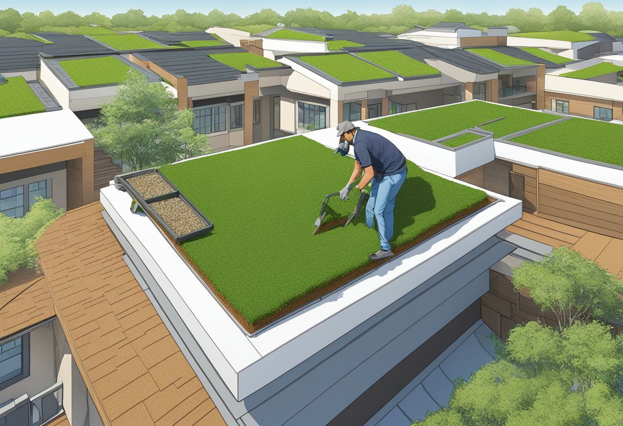 A skilled roofer carefully selects eco-friendly materials for a green roof in Sugar Land, TX. The contractor works diligently, ensuring a sustainable and durable installation