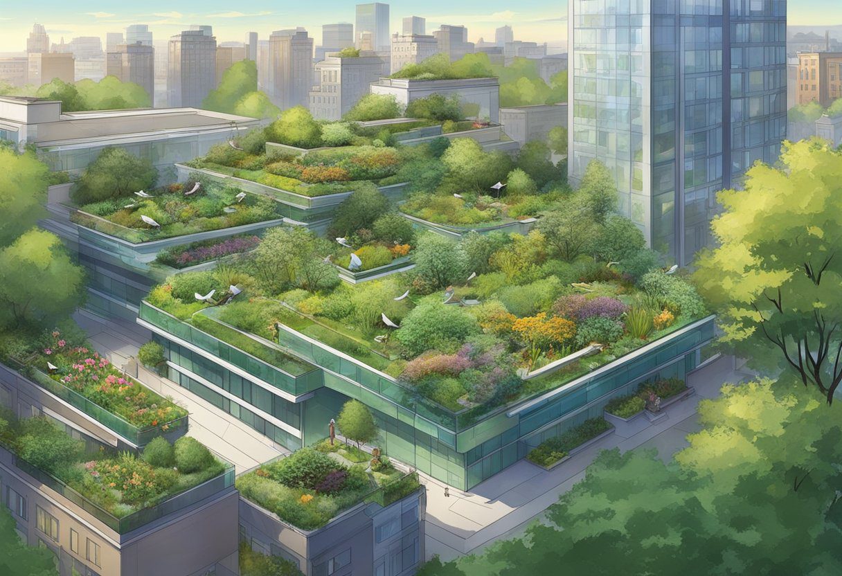 Birds and insects thrive on a lush green roof in an urban setting, with plants and wildlife coexisting harmoniously