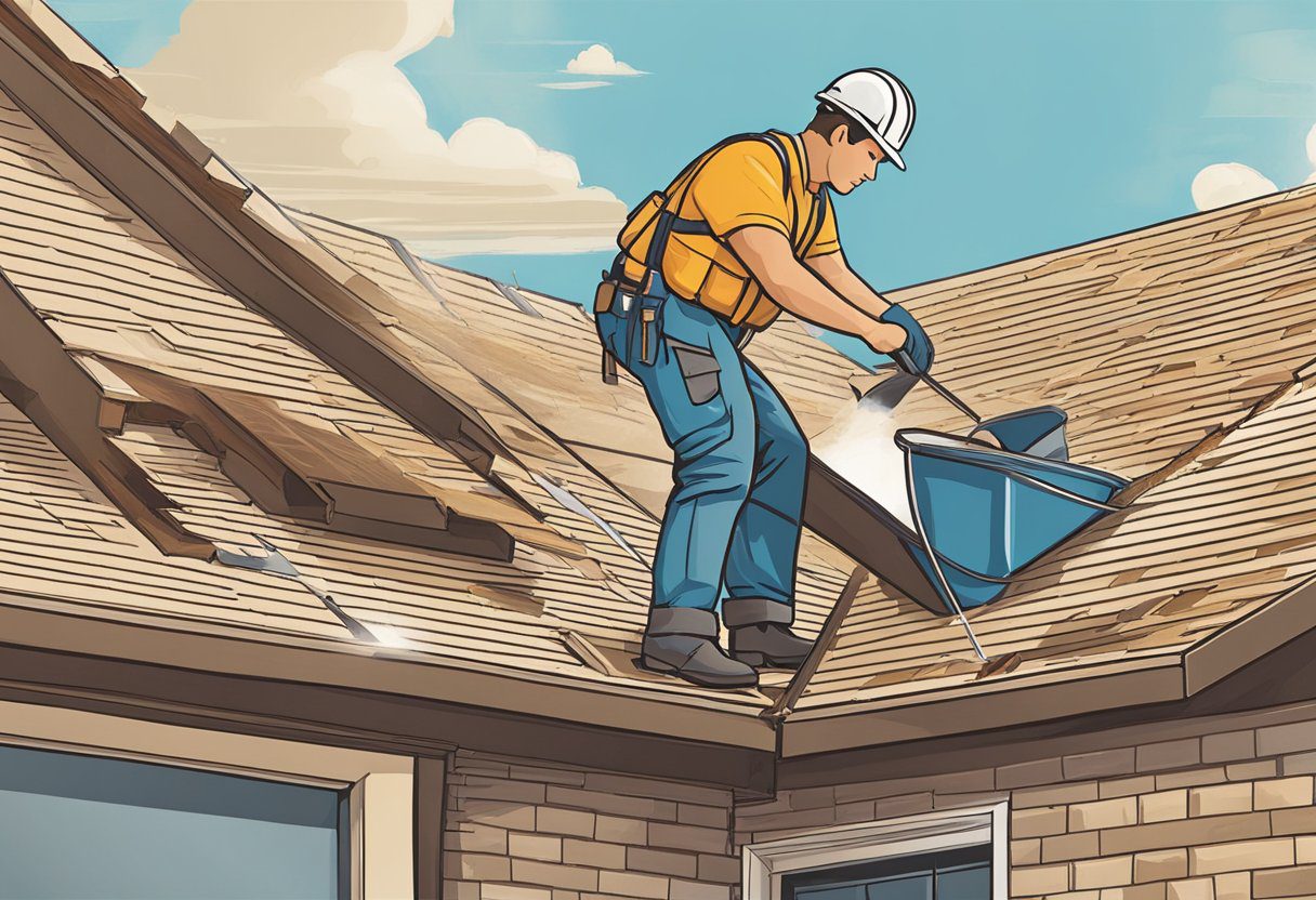 A roofer inspects a damaged roof in Sugar Land, TX. They use professional tools to assess and repair the problem areas