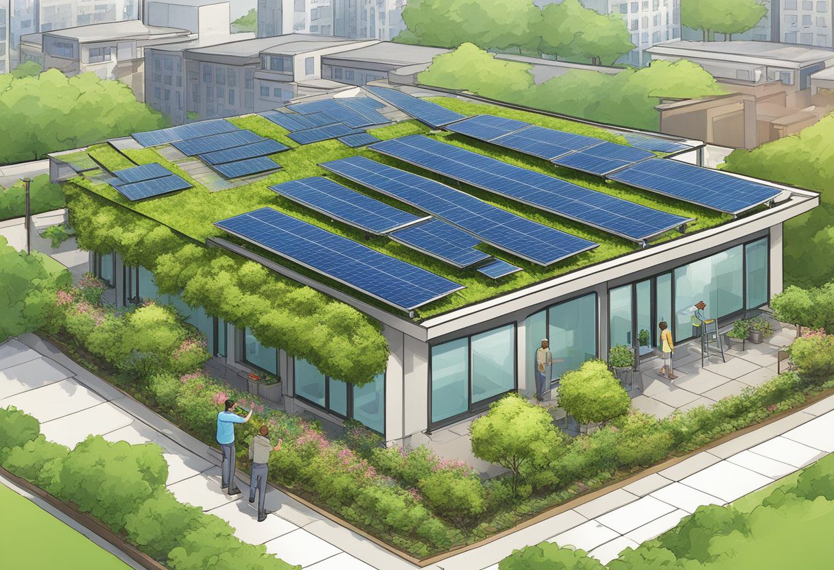 A rooftop covered in green vegetation with solar panels, surrounded by buildings in Sugar Land, TX. A person is measuring and analyzing the cost of the green roofing