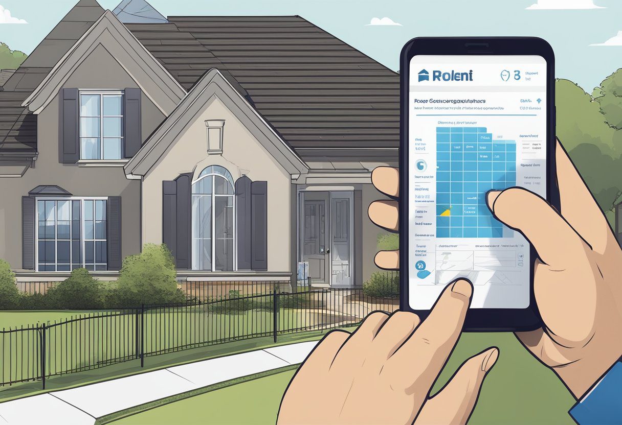 A homeowner points to a list of roofing contractors in Sugar Land, Texas, while holding a smartphone with a residential roofing project on the screen