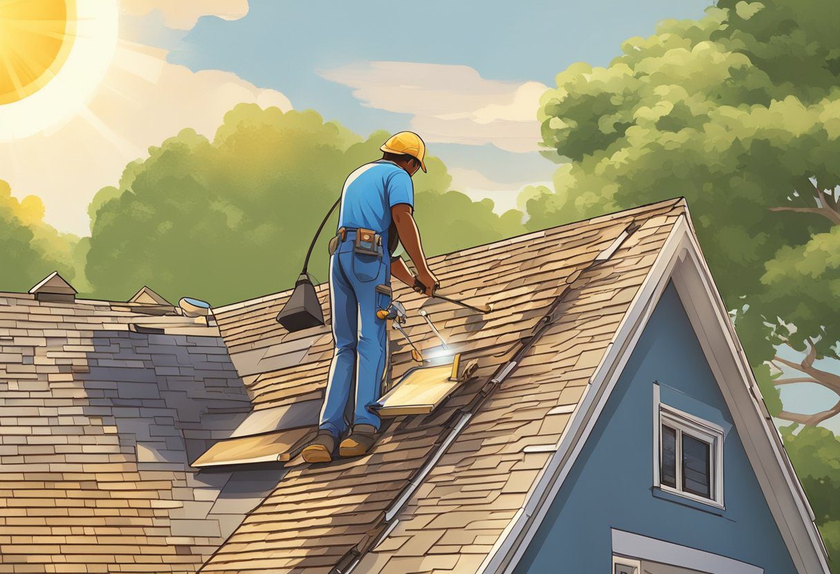 A roofer inspecting and repairing shingles on a suburban home in Sugar Land, Texas. The sun shines overhead as the worker carefully tends to the roof