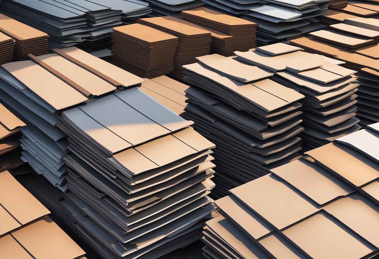 A variety of residential roofing materials, including asphalt shingles, metal panels, and clay tiles, are neatly stacked in a warehouse yard