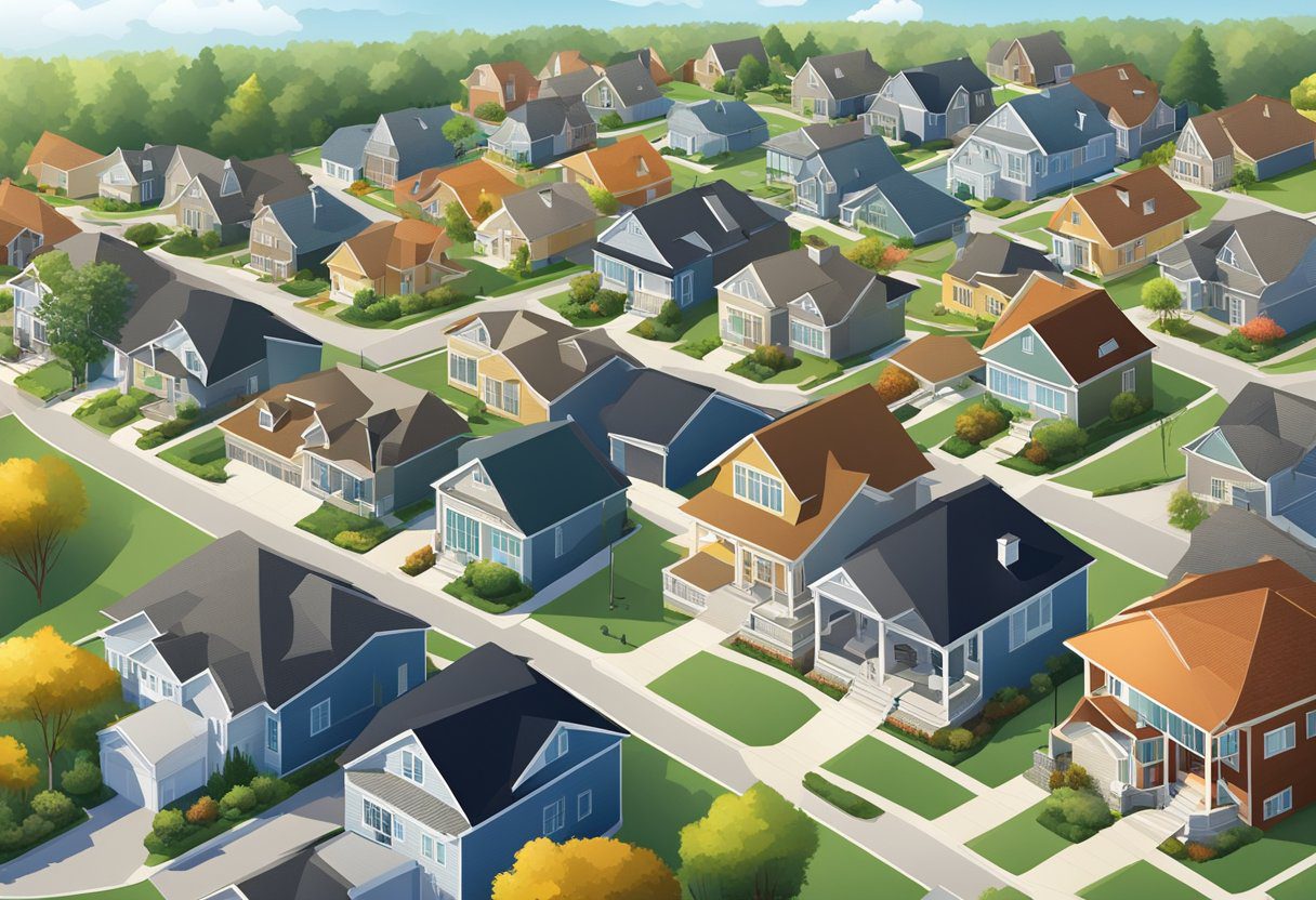 A sunny suburban neighborhood with various styles of houses, each with a different type of roofing material, ranging from shingles to metal