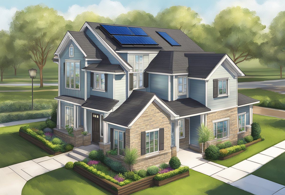 The scene depicts a residential house in Sugar Land, TX with various sustainable roofing materials such as solar panels, metal roofing, and green roofing options