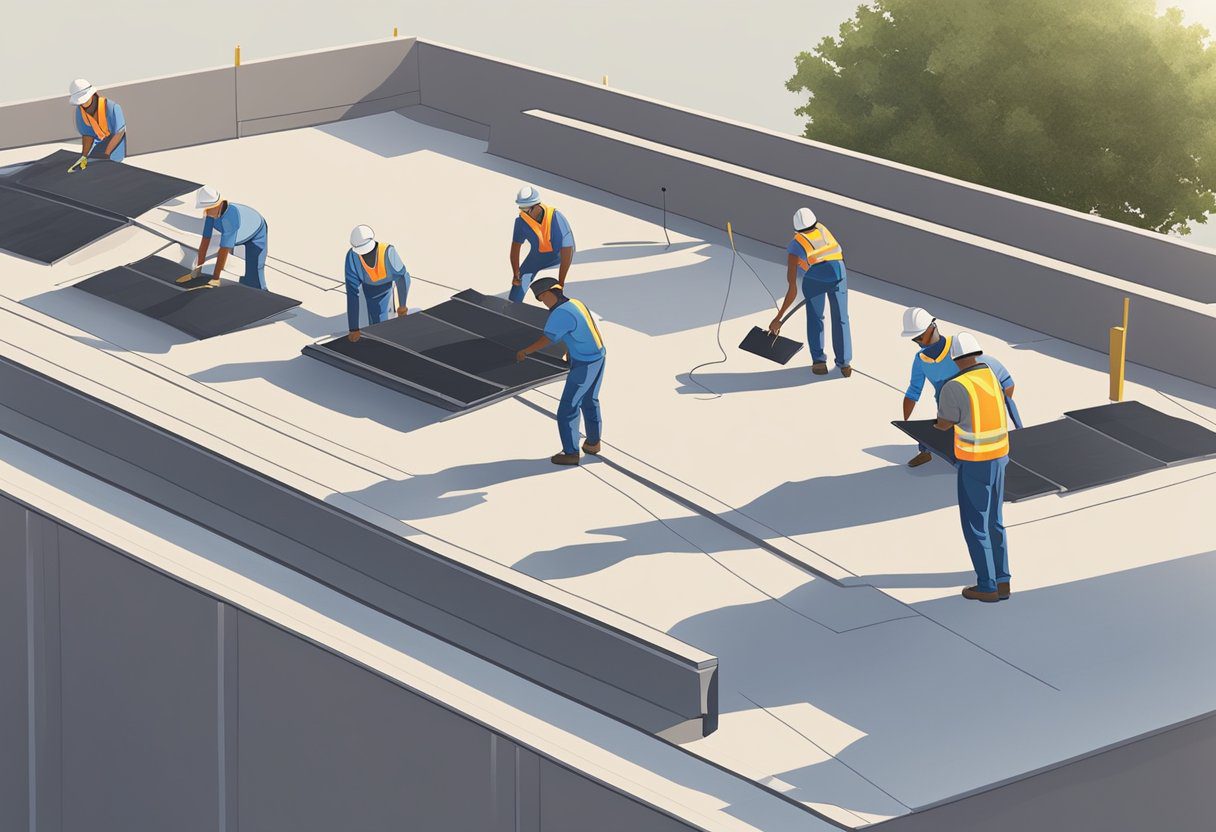 A group of workers installs flat roofing materials on a commercial building in Sugar Land, TX. The sun shines down as they work to complete the project